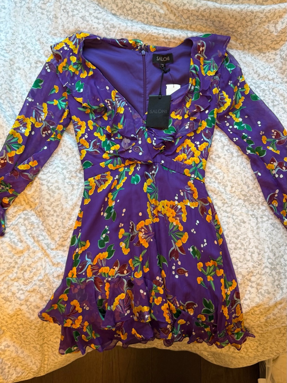 Saloni Purple Floral Ruffle Mini Dress